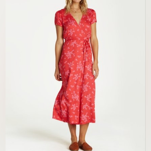 Billabong Red Pink Wrap Slit Sundress S - Picture 2 of 12